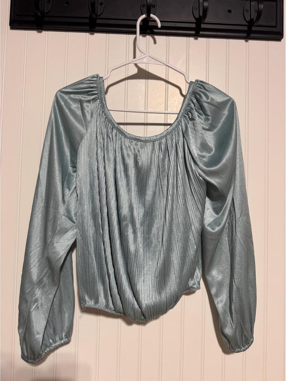 Vintage 70s Sue Brett Metallic Pleated Peasant Blouse Womens Small Blue Balloon